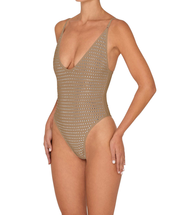 BSWS-S84b Studded Binded Plunge Neck One Piece