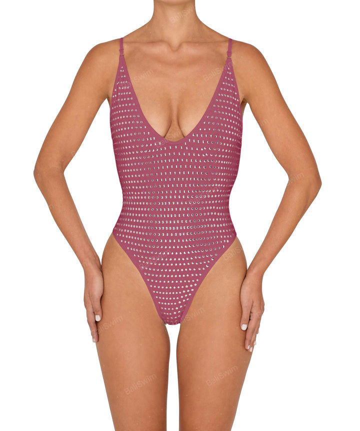 BSWS-S84b Studded Binded Plunge Neck One Piece