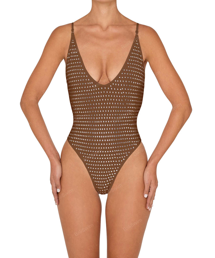 BSWS-S84b Studded Binded Plunge Neck One Piece