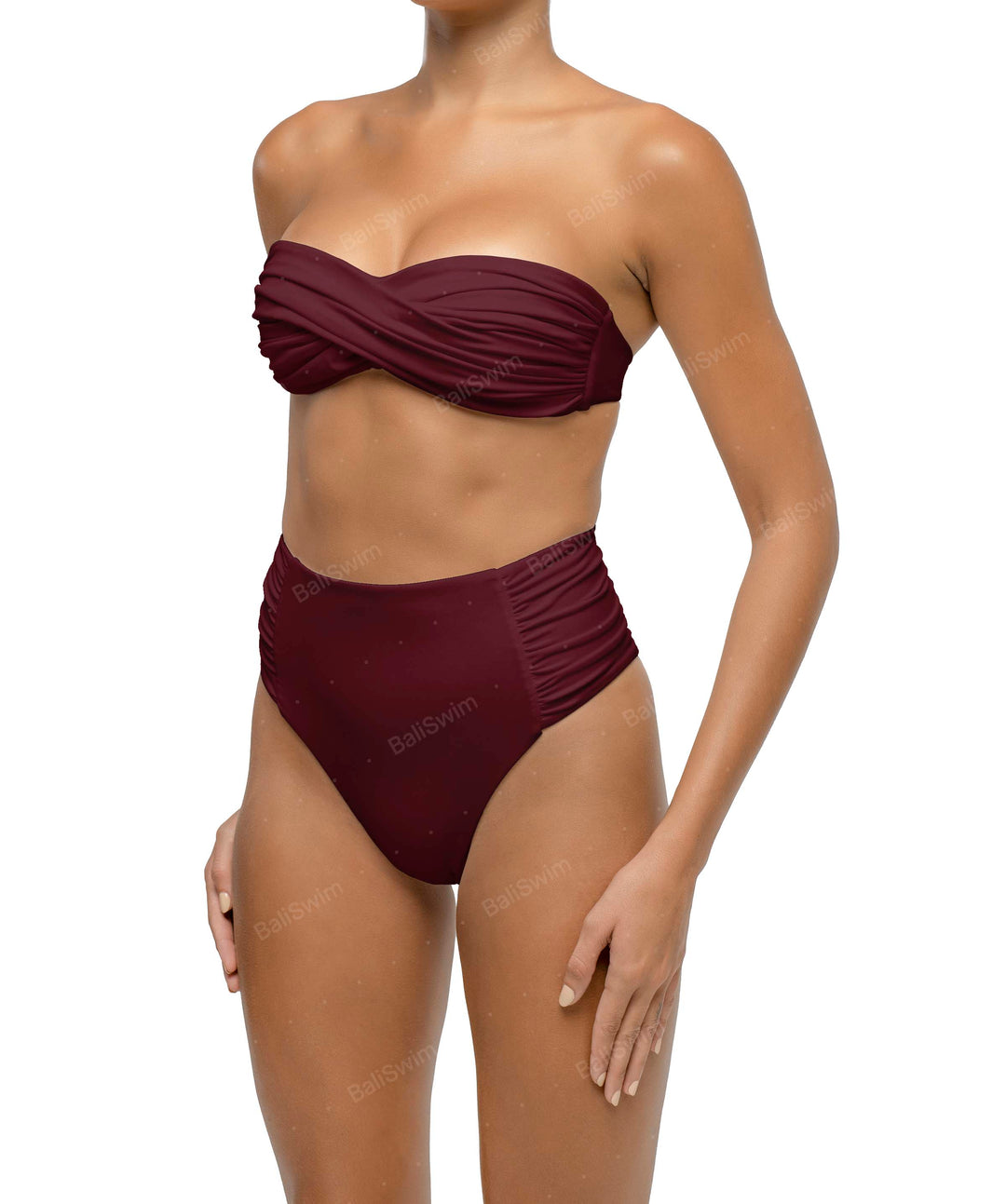 BSWS-B127 Side Shirred Paneled High Waisted Bikini Bottom