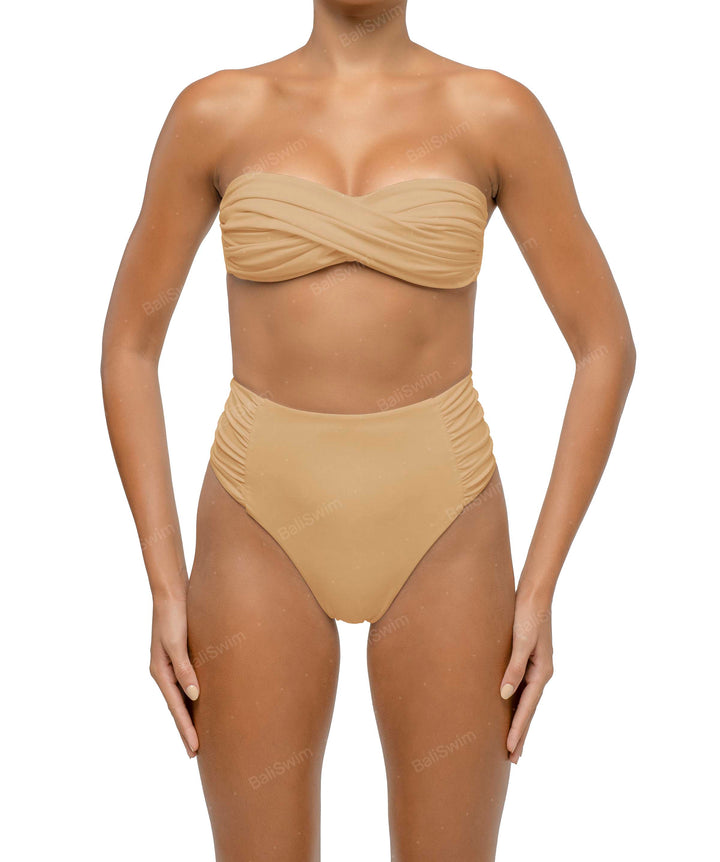 BSWS-B127 Side Shirred Paneled High Waisted Bikini Bottom