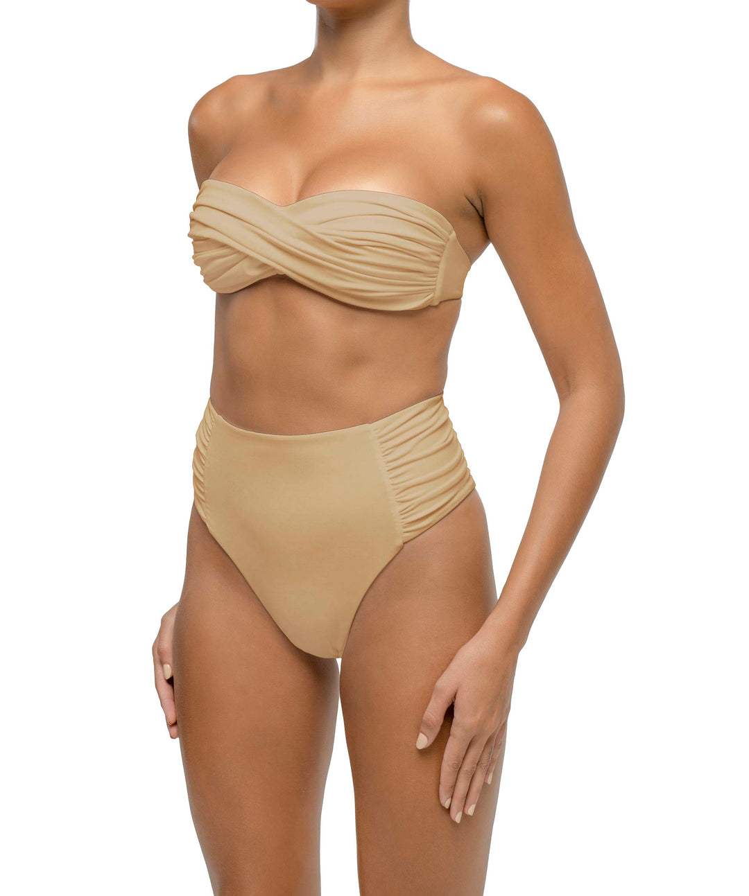 BSWS-B127 Side Shirred Paneled High Waisted Bikini Bottom