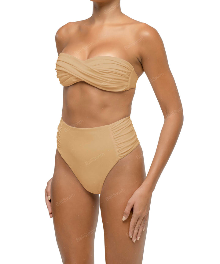 BSWS-B127 Side Shirred Paneled High Waisted Bikini Bottom