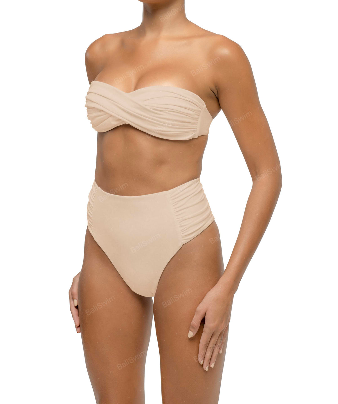 BSWS-B127 Side Shirred Paneled High Waisted Bikini Bottom