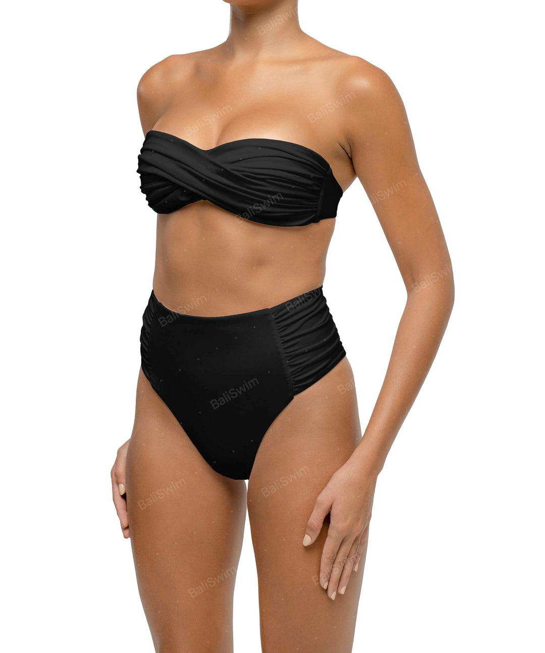 BSWS-B127 Side Shirred Paneled High Waisted Bikini Bottom