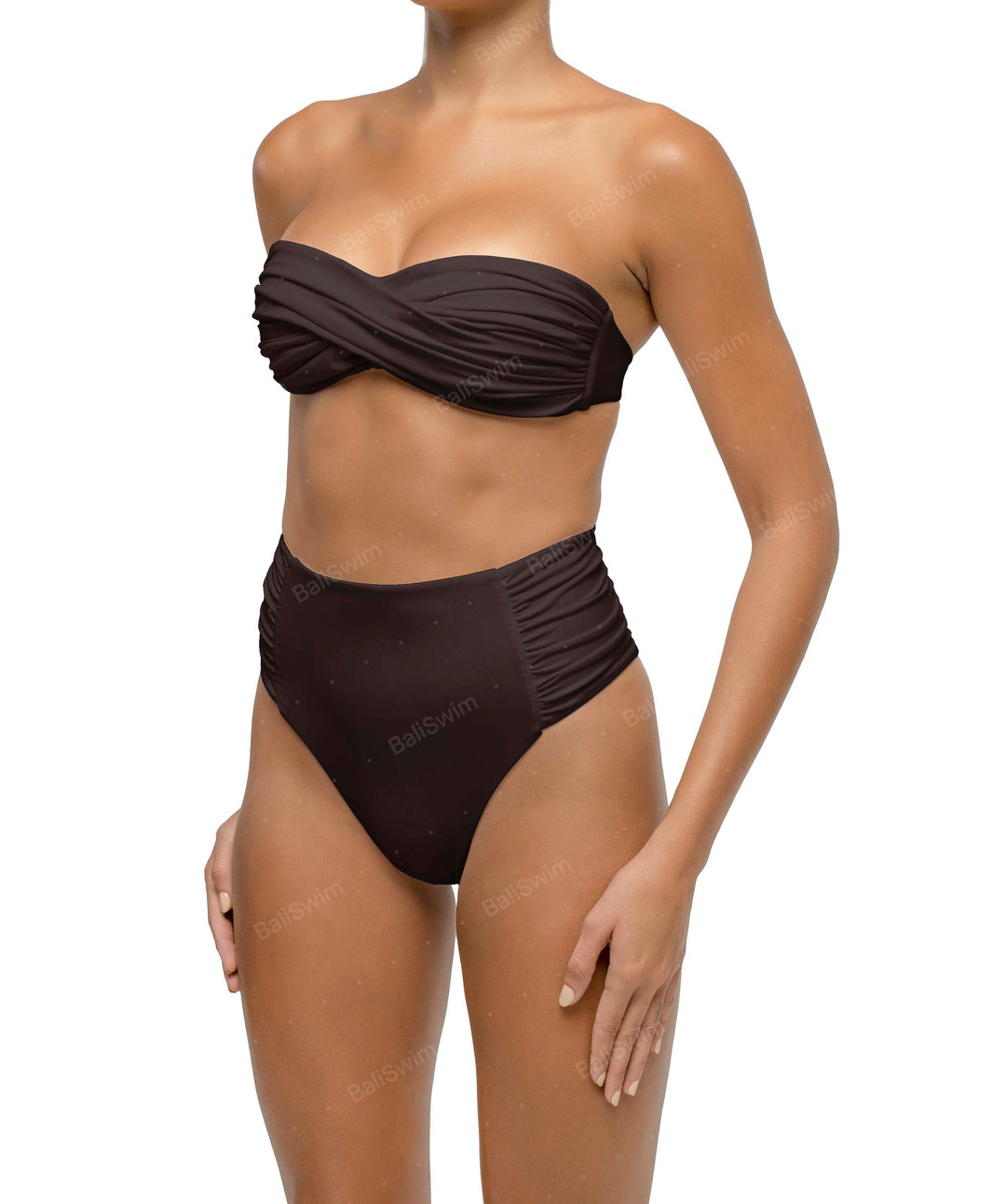 BSWS-B127 Side Shirred Paneled High Waisted Bikini Bottom