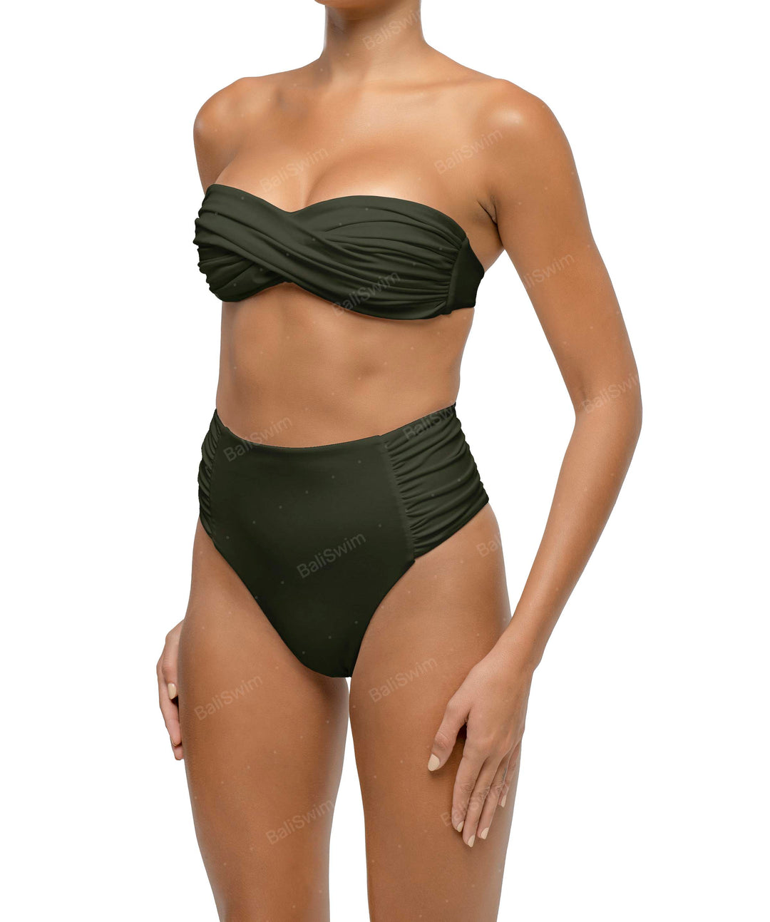 BSWS-B127 Side Shirred Paneled High Waisted Bikini Bottom